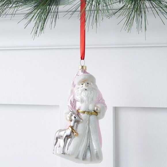 HOLIDAY LANE Linen Holiday Glass Pink & White Santa with Deer Ornament - Picture 1 of 1